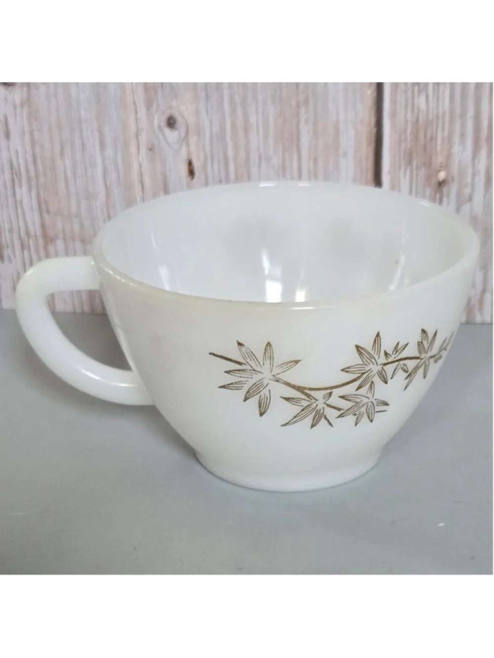 White Glass Teacup with Gold Floral Vine Accent - Unbranded